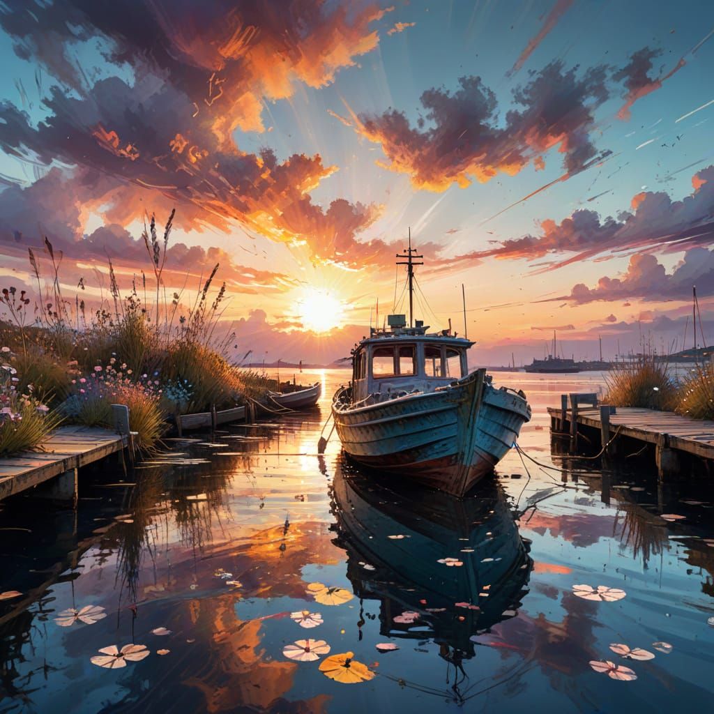 Docked Boat at Sunset: Watercolour Digital Illustration