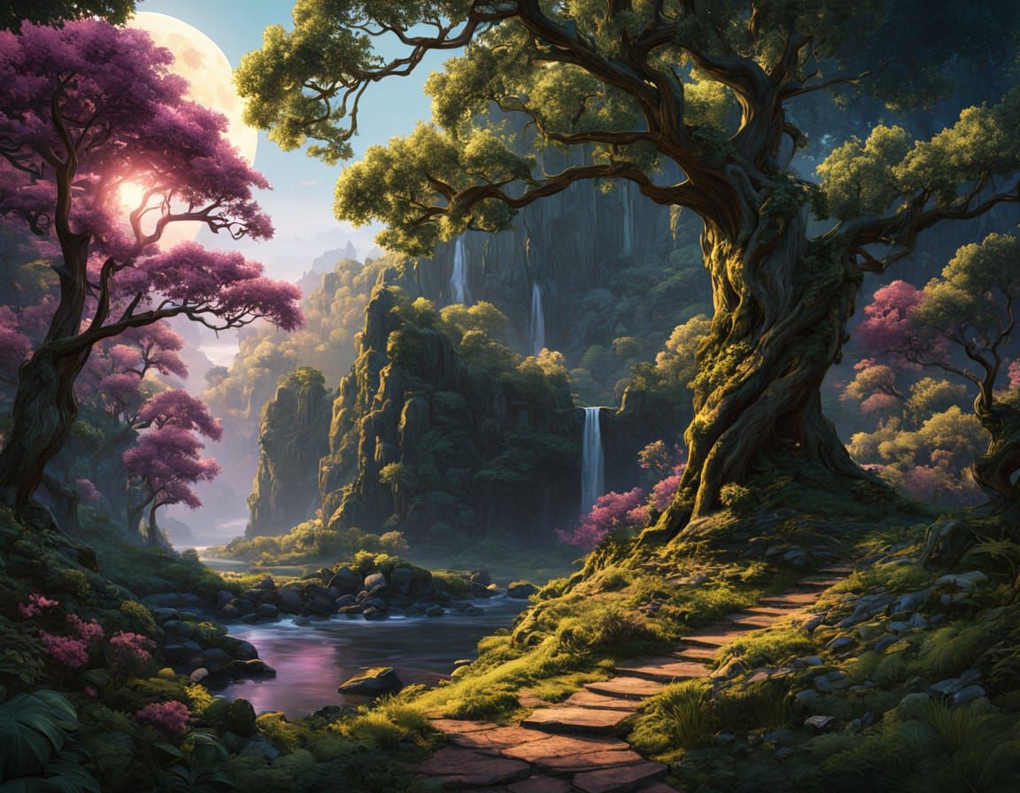 Ethereal Woodland Dreamscape Under Glowing Pink Moonlight