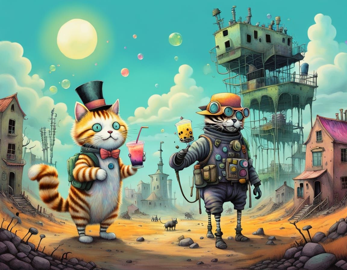 Pastel Post-Apocalyptic Wasteland with Cat and Zebra