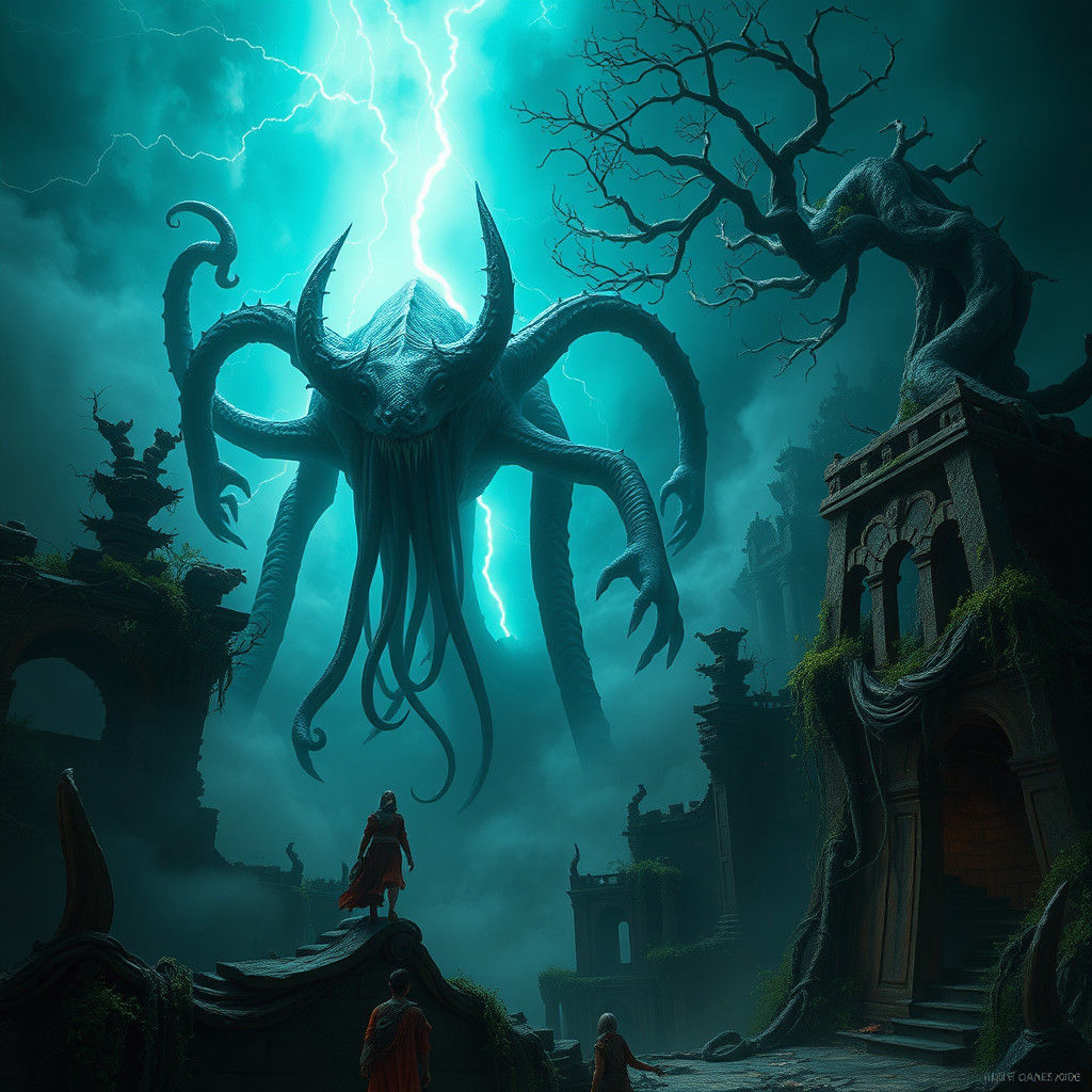 Grotesque Beast Emerges from Abyss: Matte Painting