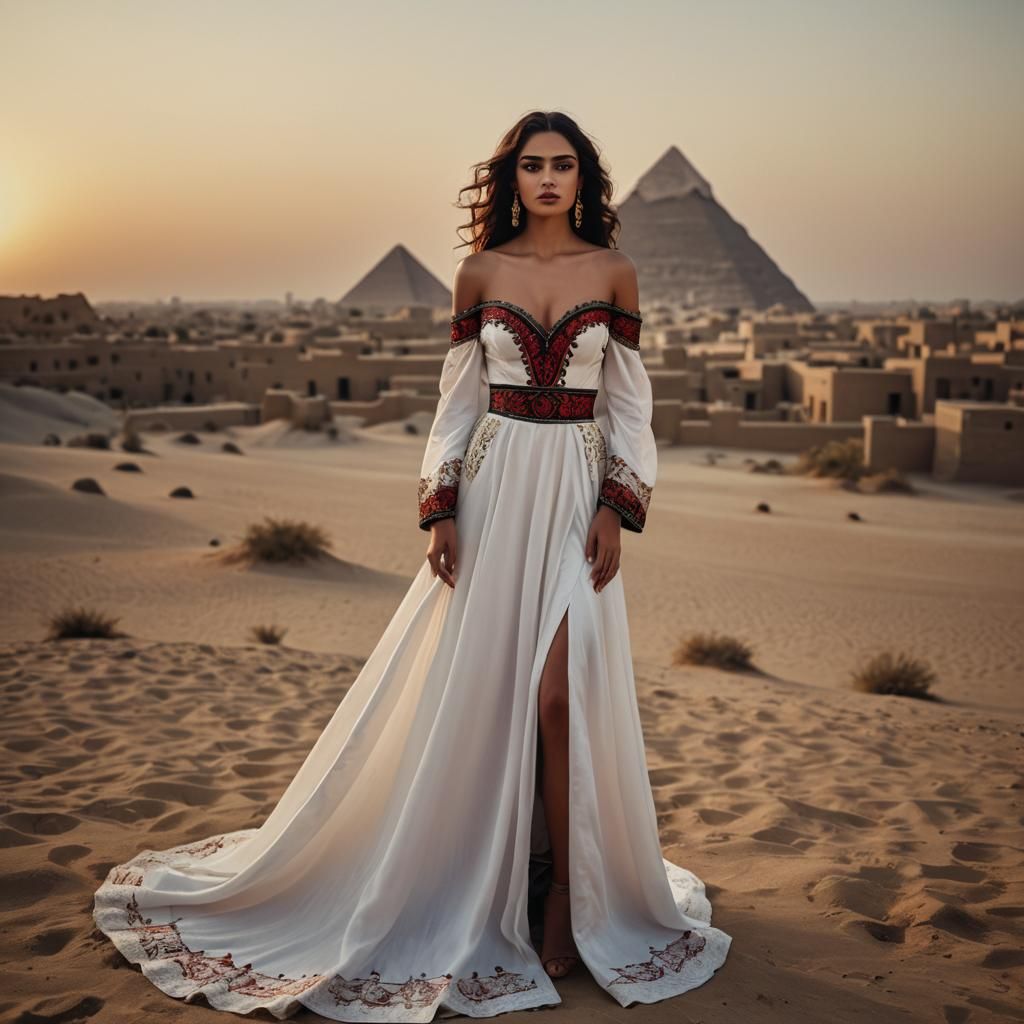 Egyptian Model in Royal Gown at Sunset