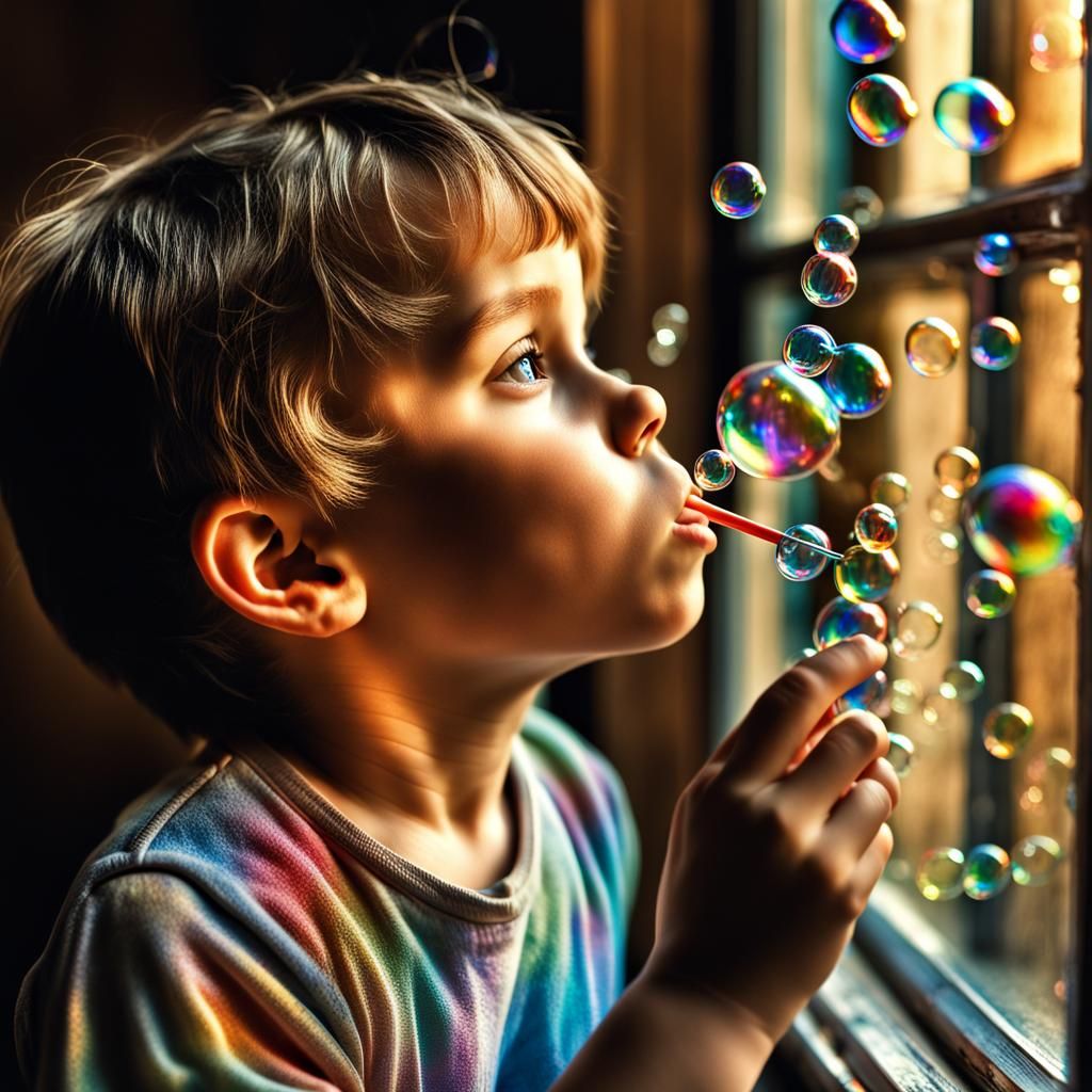 Child Blowing Iridescent Bubbles on Sunny Day