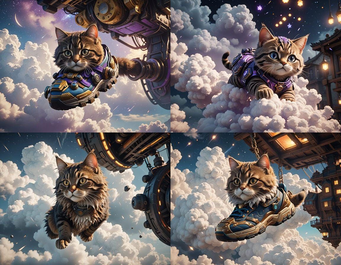 Cute Kitty Floats in Shoe Among Night Clouds