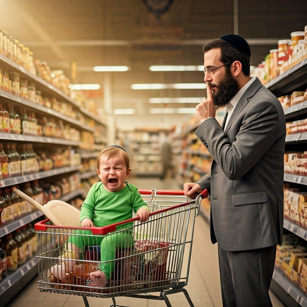 Distressed Baby in Supermarket with Flute: Hyperrealistic Sc...