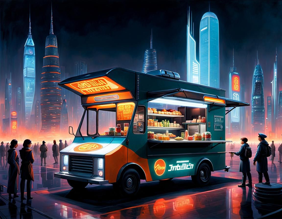 Futuristic Food Truck in Dystopian Cyberpunk City