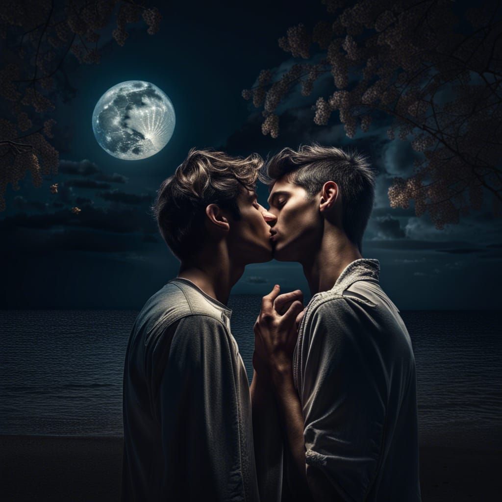 Romantic Lunar Kiss: Hyperrealistic Image of Two Men