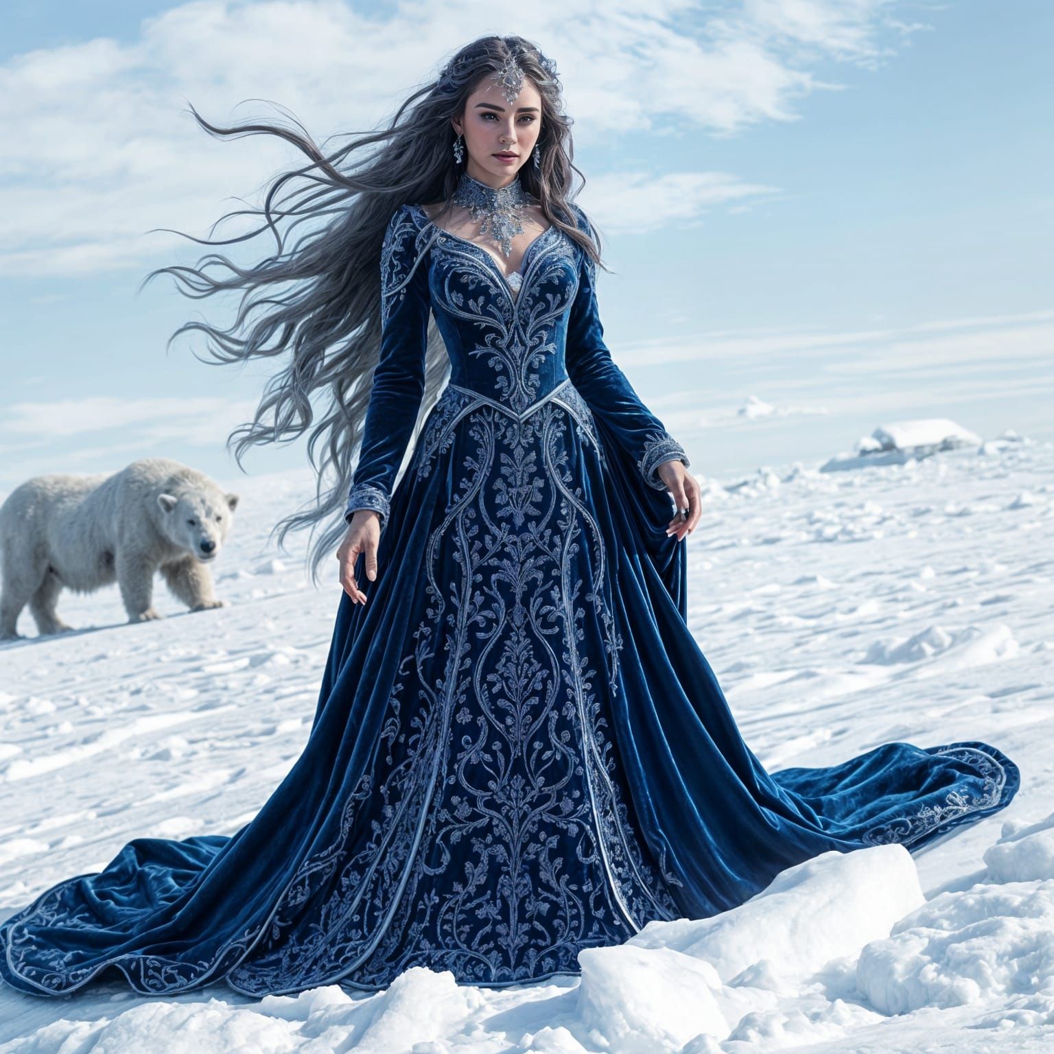 Ice Queen in Blue Velvet Dress in Snowy Landscape