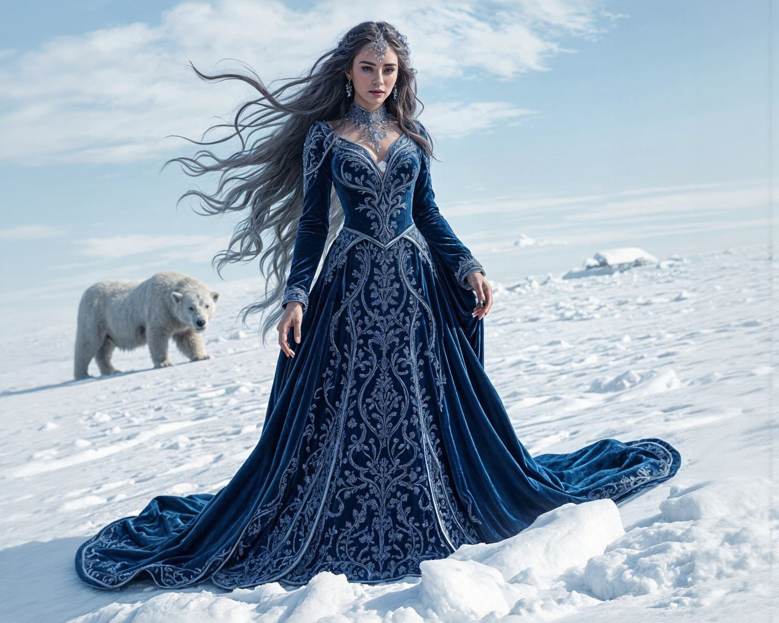 Ice Queen in Blue Velvet Dress in Snowy Landscape