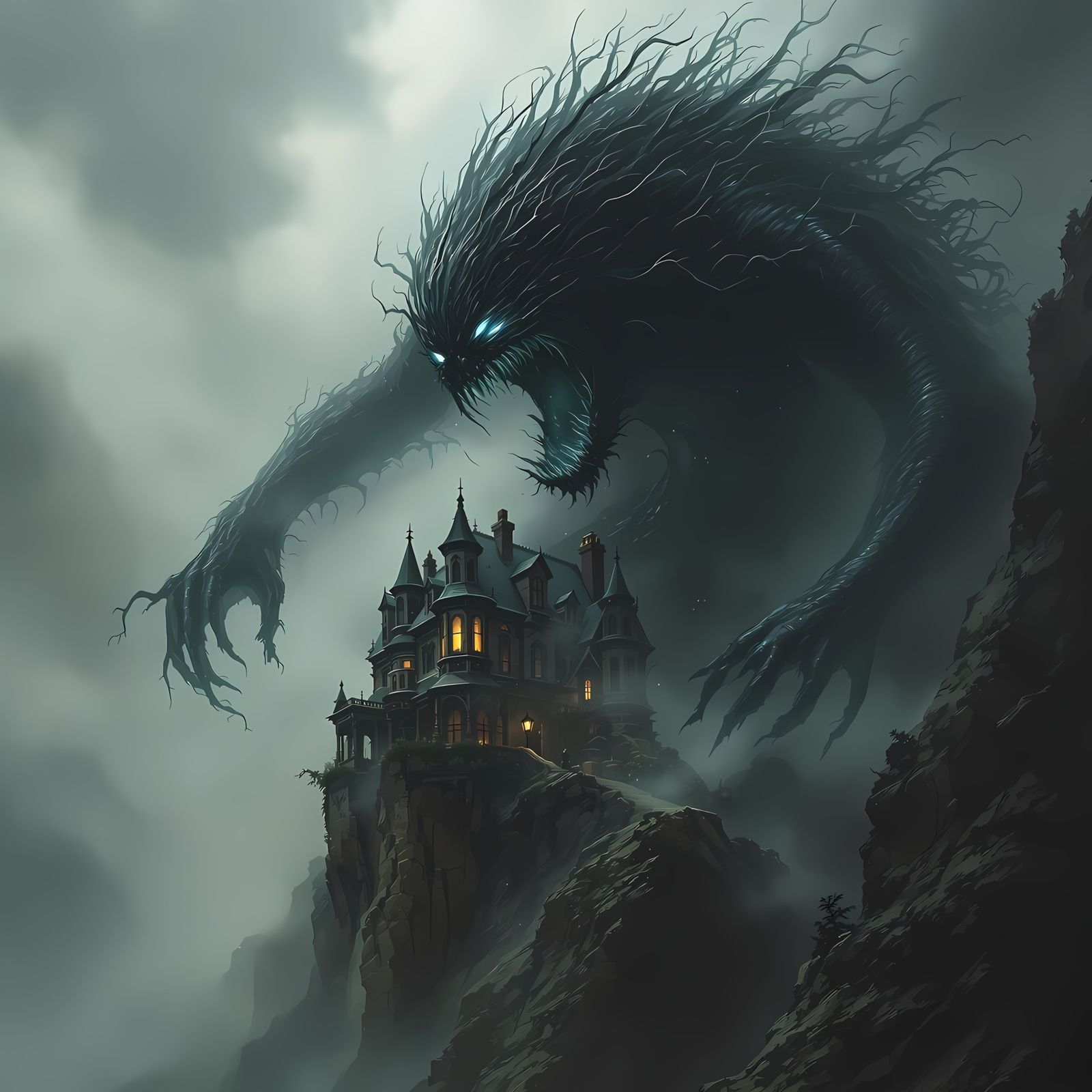 Surreal Dark Fantasy Shadow Beast Devours Victorian Manor