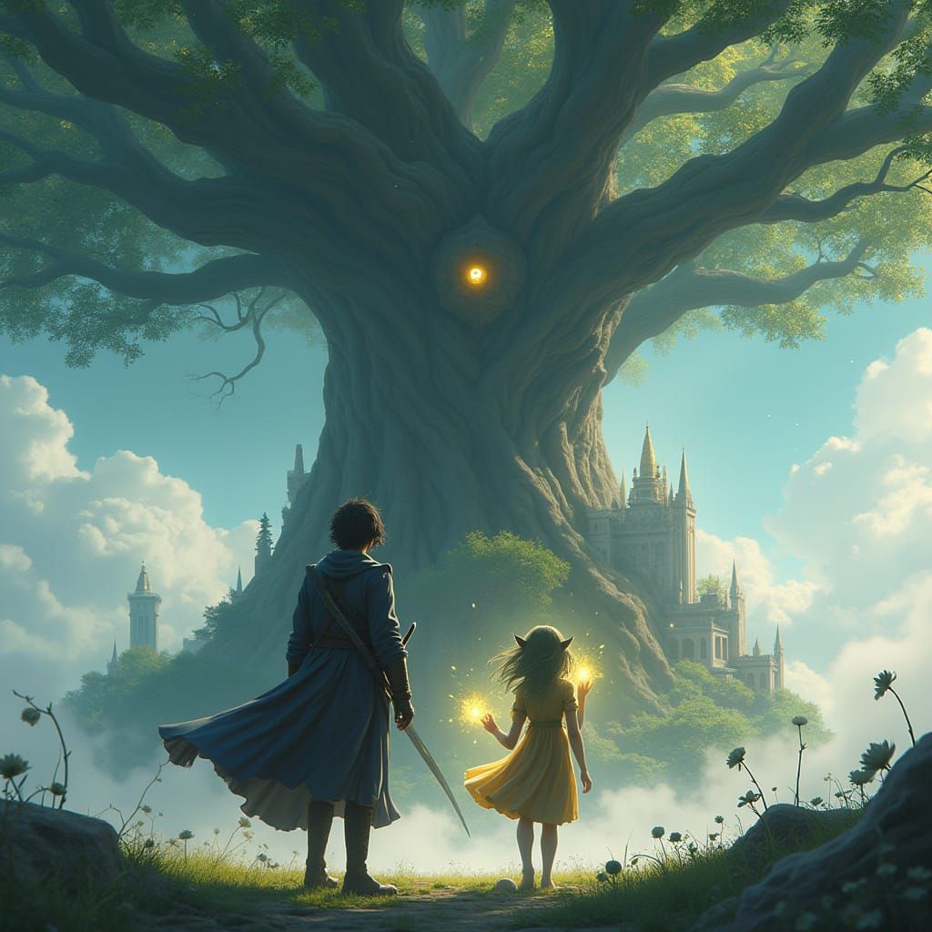 Boy and Tree Girl Before the World Tree