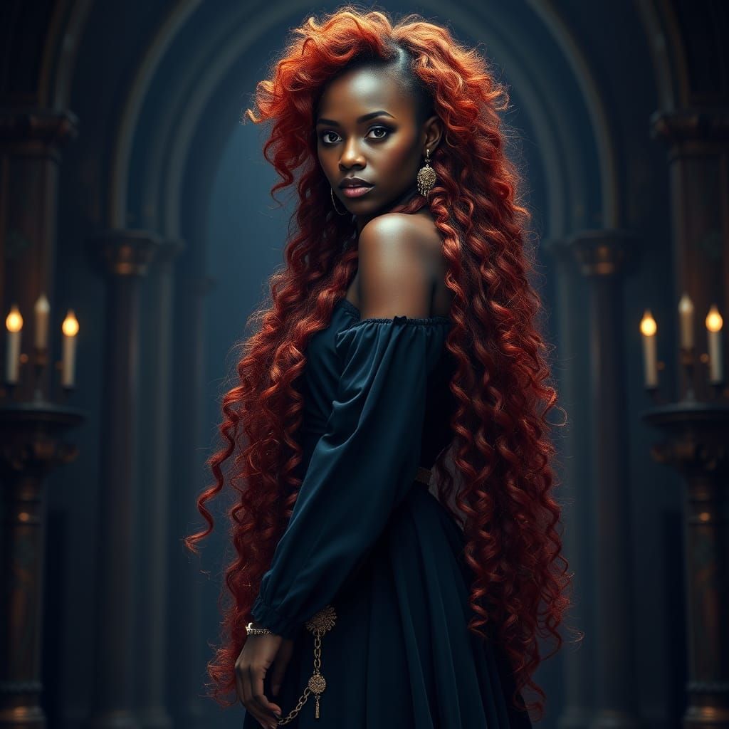 Sorceress in Regal Navy Blue Attire with Fiery Red Hair