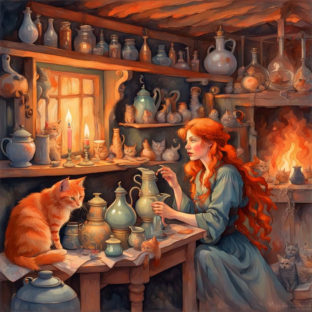 Red-Haired Witch in Cottage, Gouache and Watercolor Style