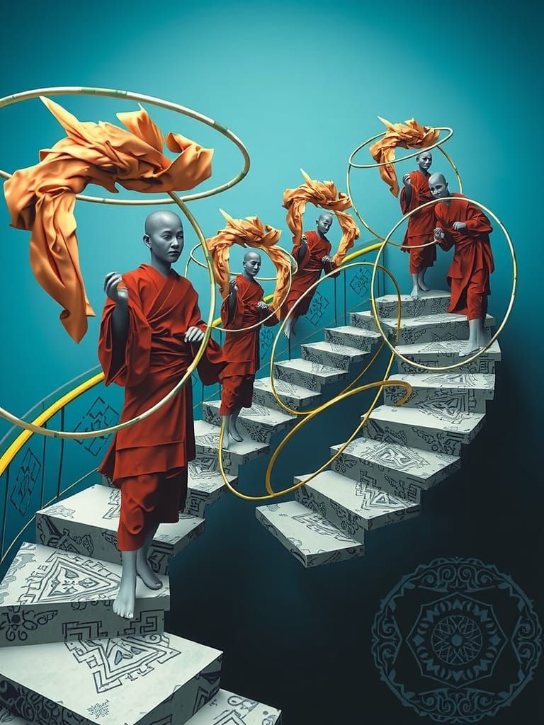 Escher-Inspired Monks in Whirling Hula Hoops on Impossible S...