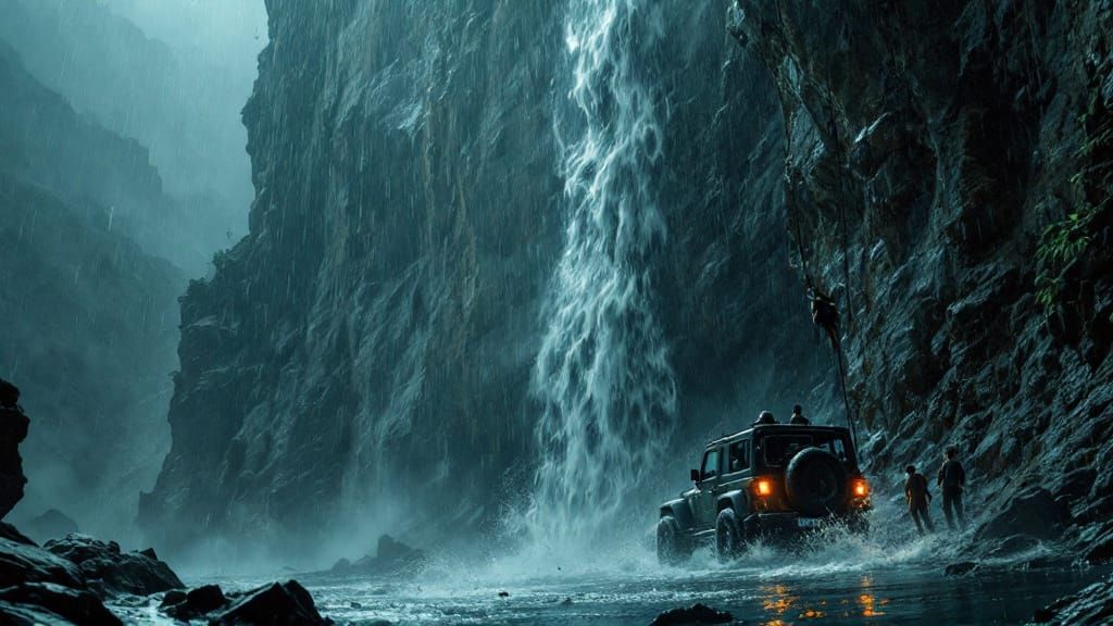 African Cliffside Jeep Attack in Dramatic Film Noir Style