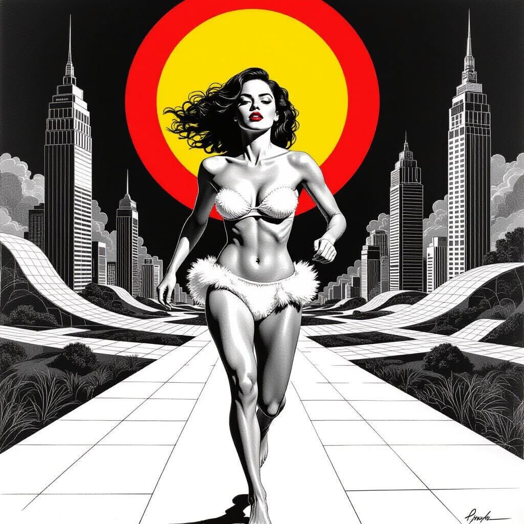 Emma Stone in Utopian City: German Expressionist Charcoal