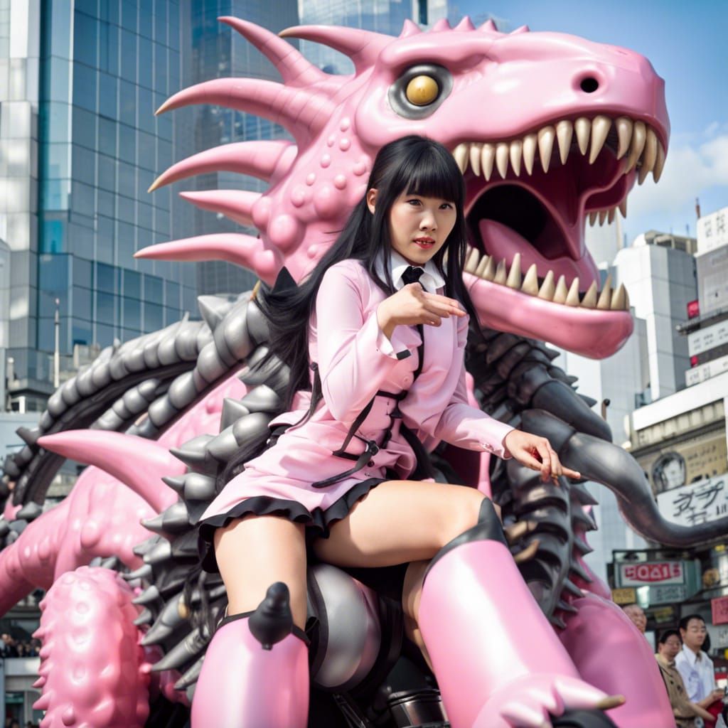 Young Woman Rides Mechanical T-Rex in Akihabara