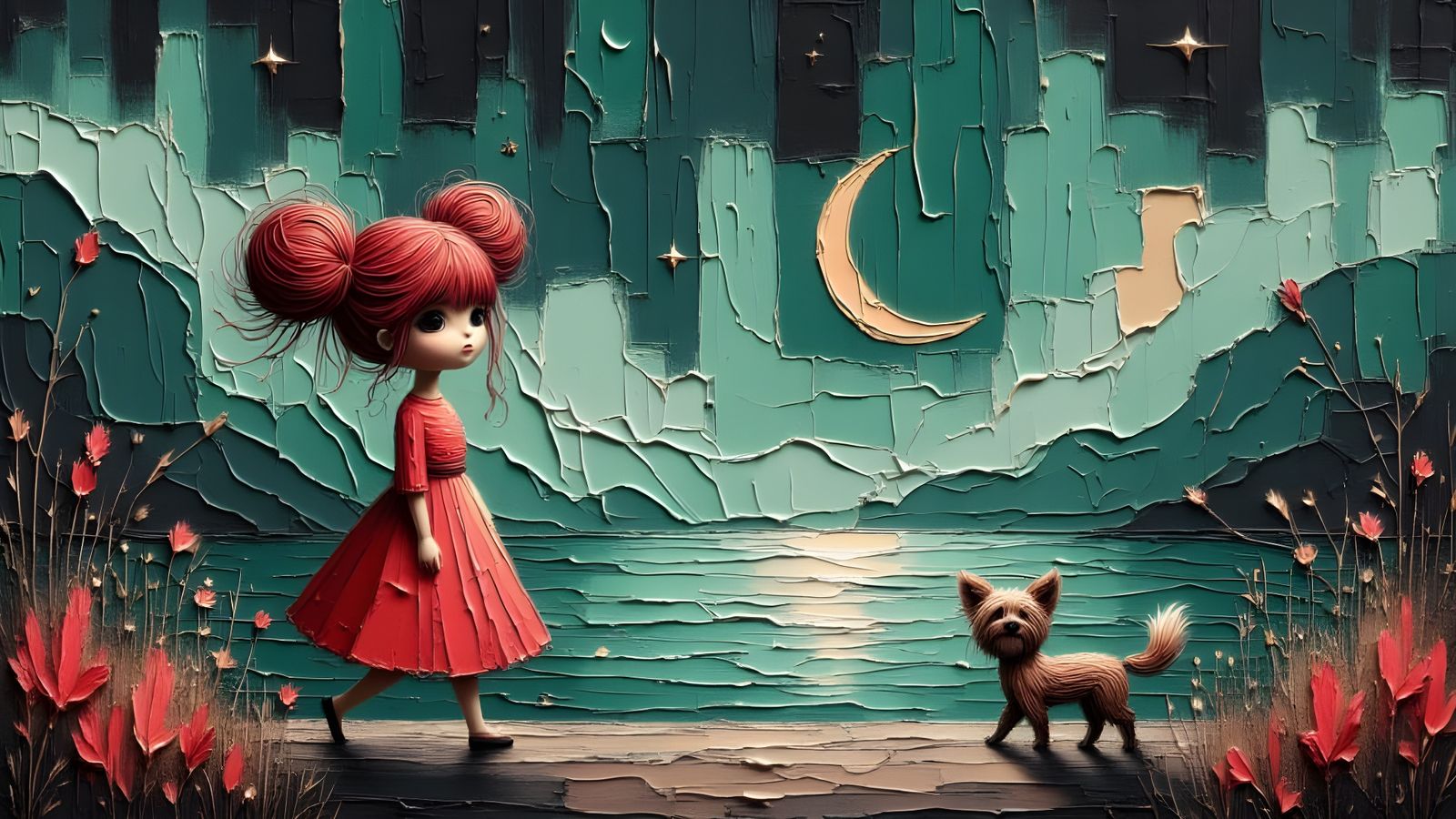 Girl with Puppy in Moonlit Storybook Scene