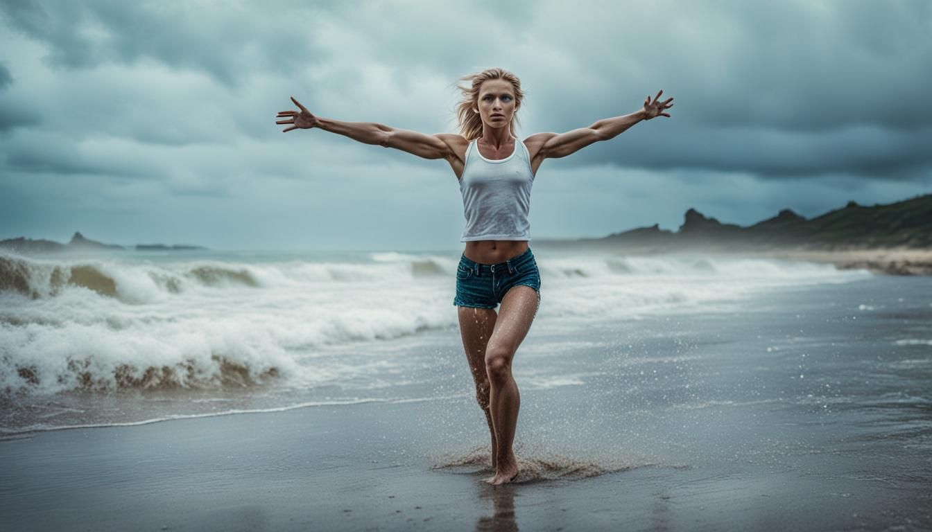 Blonde Girl on Beach in Cinematic Film Still