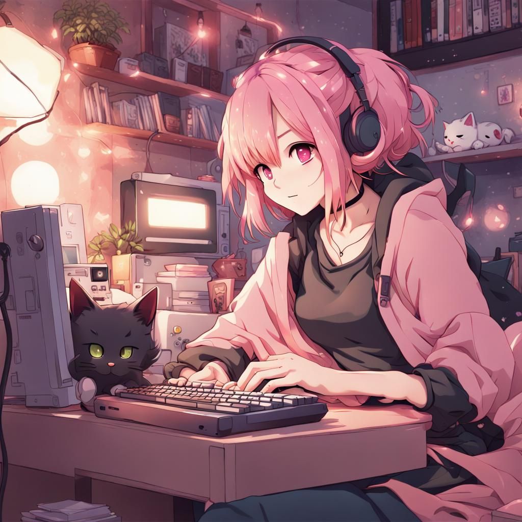 Cozy Anime Gaming Room with Pink-Haired Girl