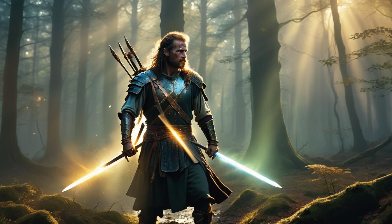 Braveheart Warrior in Mystical Forest, Digital Art