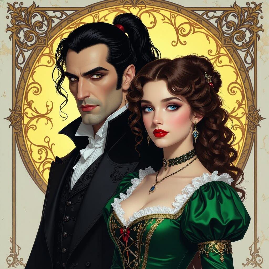 Dracula and Victorian Lady in Dark Fantasy Art