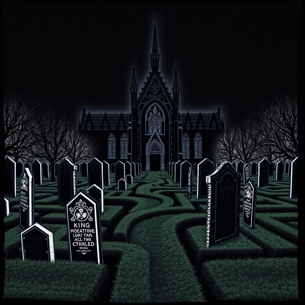 Embroidered Gothic Maze with Cathedral and Gravestones