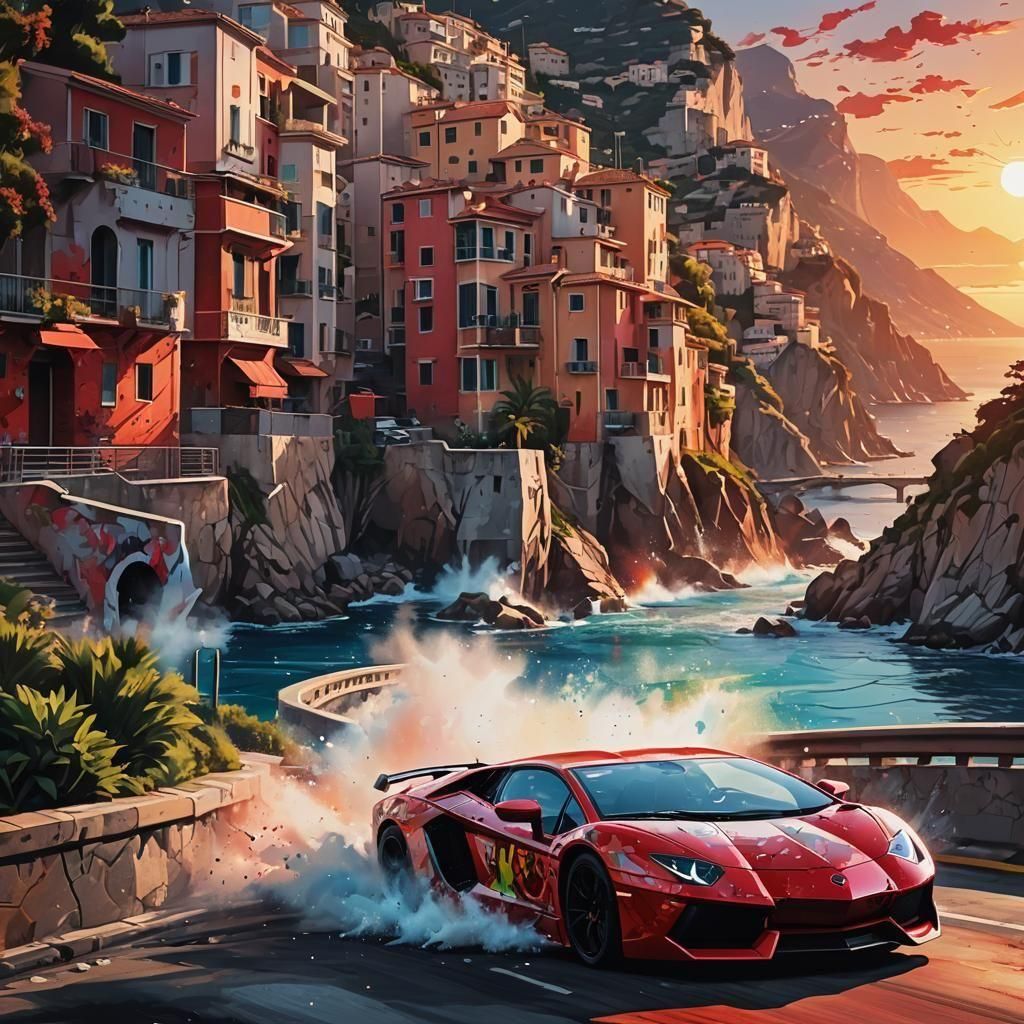 Red Lamborghini Aventador Races Monaco Coast: Graffiti Art