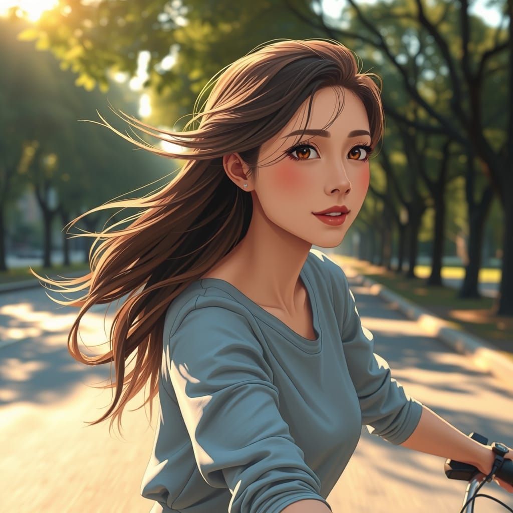 Anime Woman on Bicycle in Golden Sunlight
