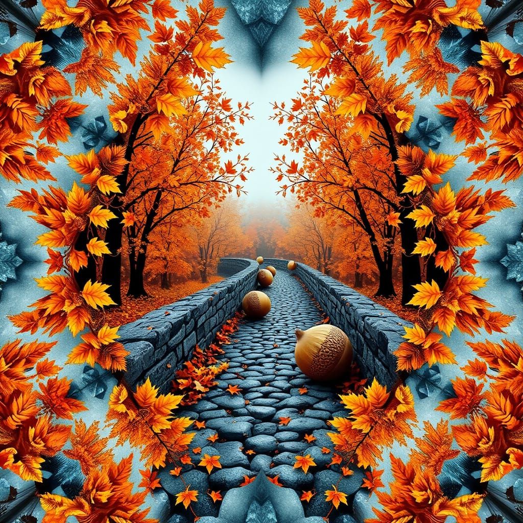 Infinite Mirror Autumn Path with Acorns in 90s Fractal Art