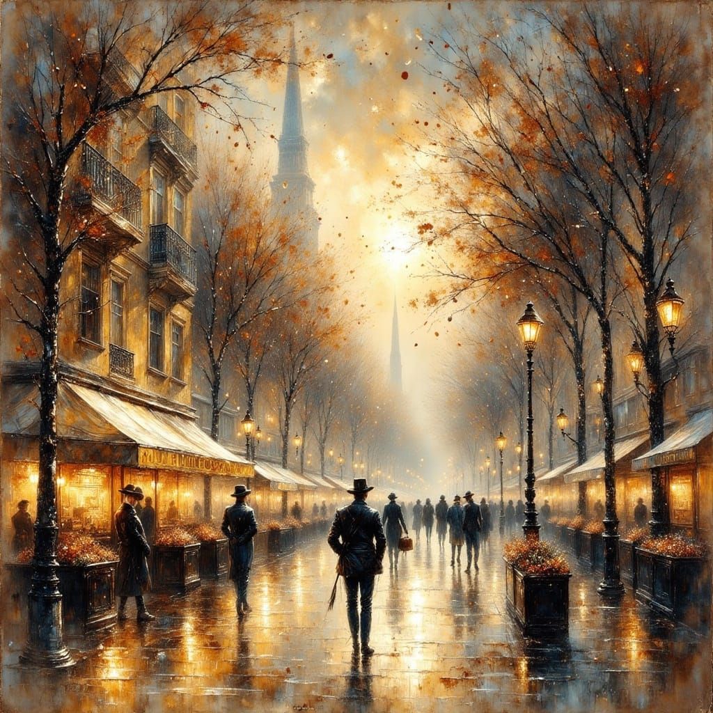 Champs Elysees Evening Scene in Toulouse Lautrec Style