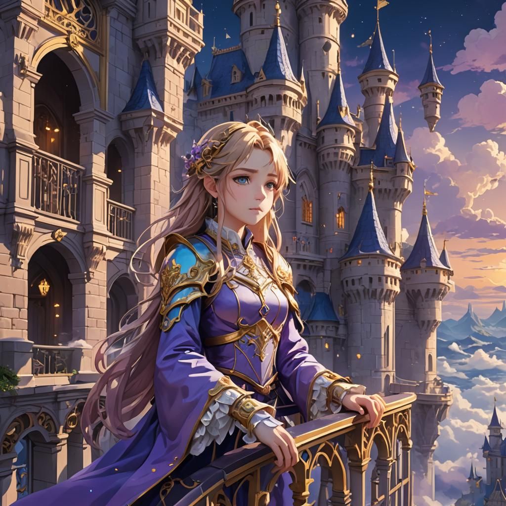 Anime Princess on Floating Castle at Twilight