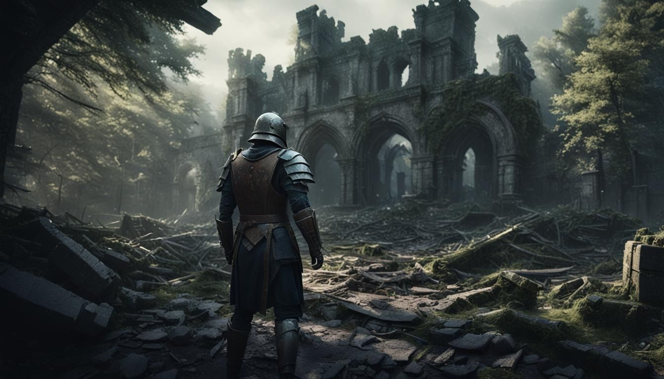 Armored Knight in Forest Ruins: Photorealistic Cinematic Sce...