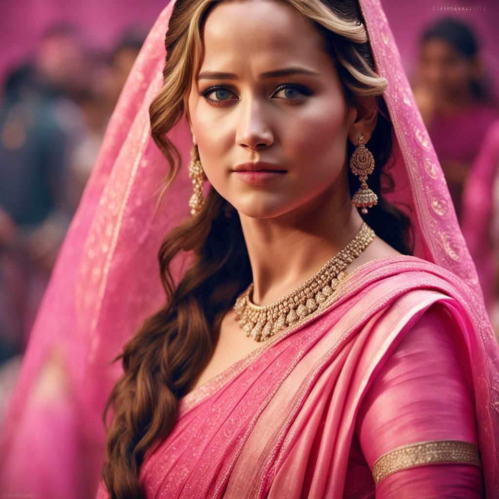 Jennifer Lawrence in Pink Saree: Hyperrealistic Portrait