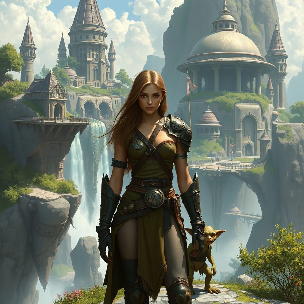 Fantasy Woman and Goblin on Floating Island