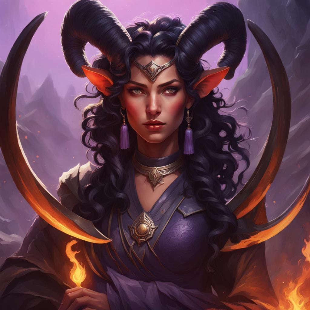 undefinedtrending on artstation, Dungeons and Dragons female tiefling, lavender skin, dark eyes, ram horns, black curly ...