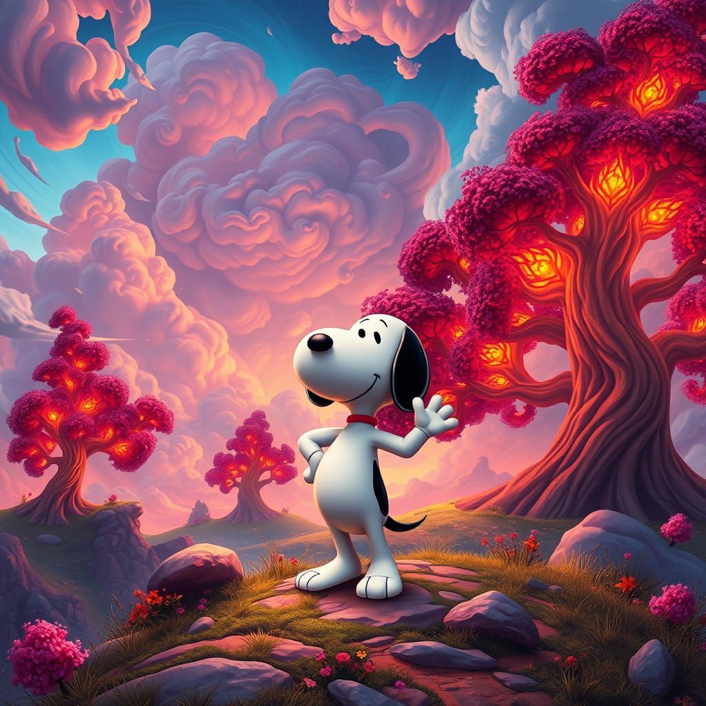 Snoopy in a Whimsical Dreamlike Landscape