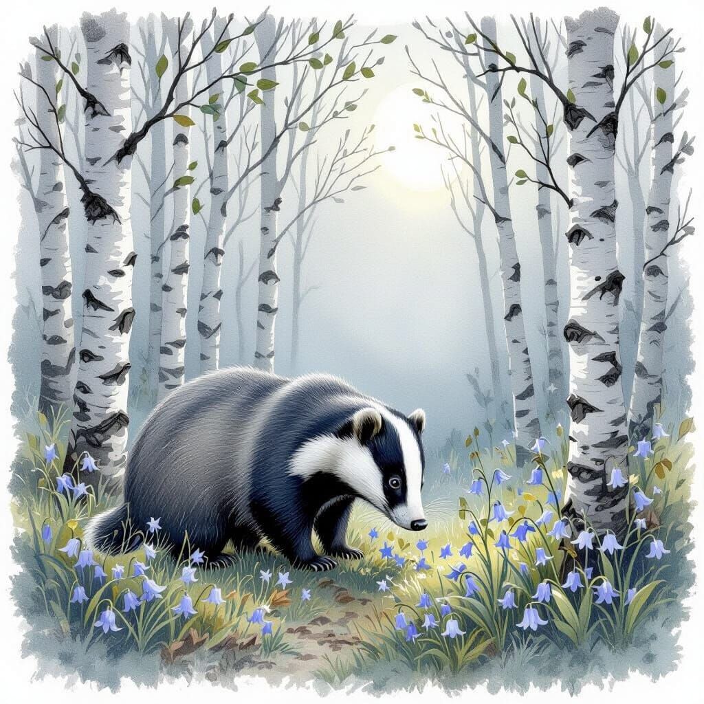 Badger Foraging in Birch Copse: Gouache Painting