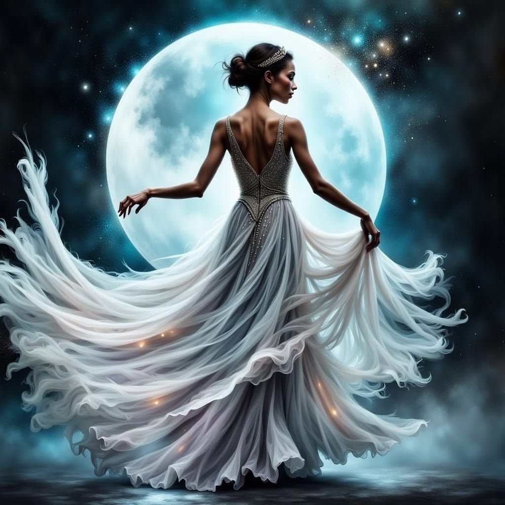 a dancer dancing under the moonlight, dress is shimmering and flowing with the movement, beautiful details and color <lo...