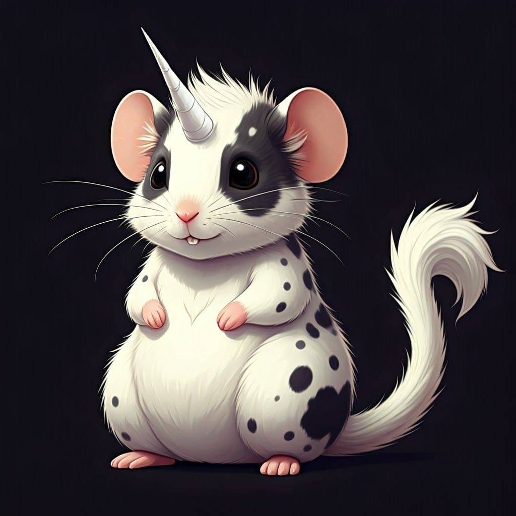 Whimsical Black and White Mouse with Unicorn Horn and Lion T...