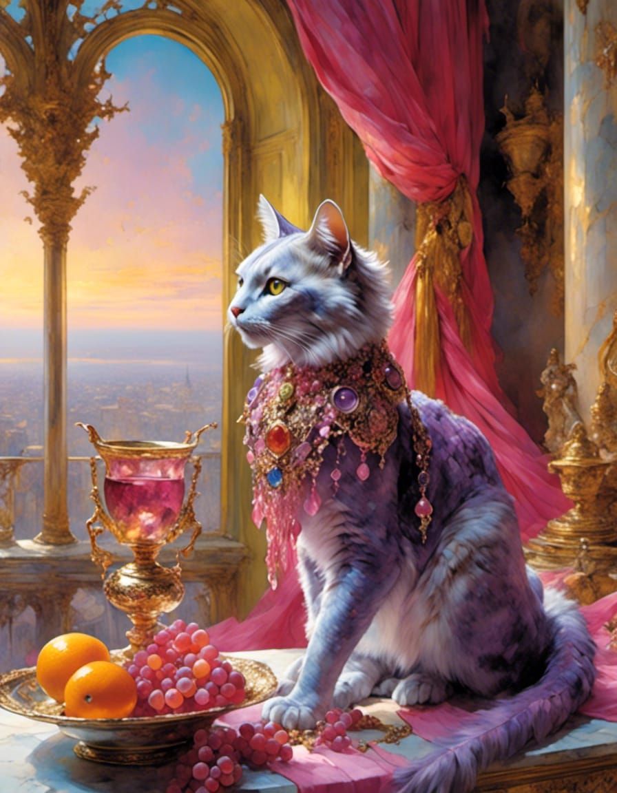 Ornate Dragon Cat with Gemstone Necklace