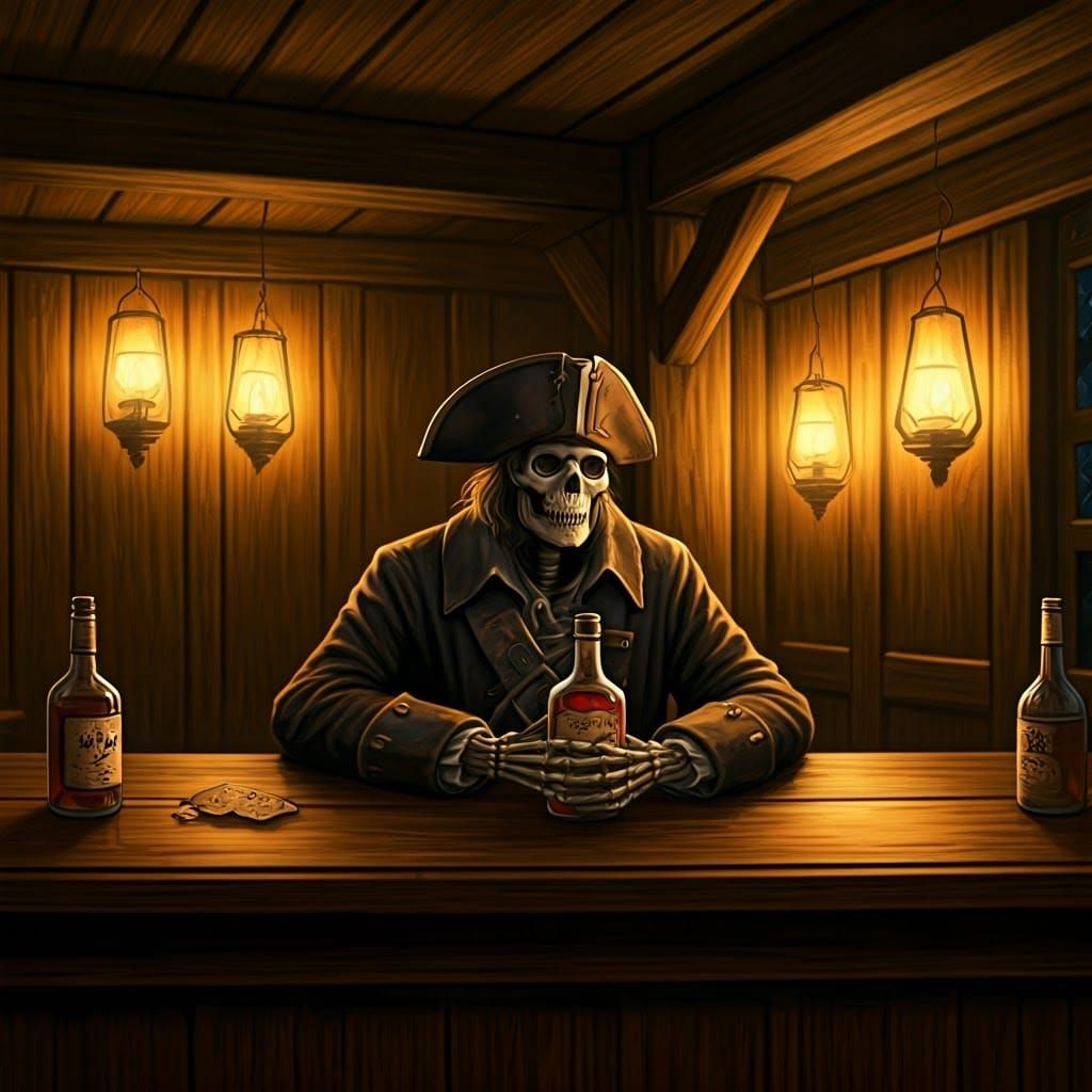 Skeleton Pirate in Dimly Lit Fantasy Tavern