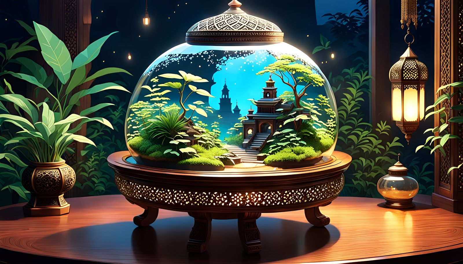 Moroccan Wildlife Terrarium on Engraved Table, Anime Art