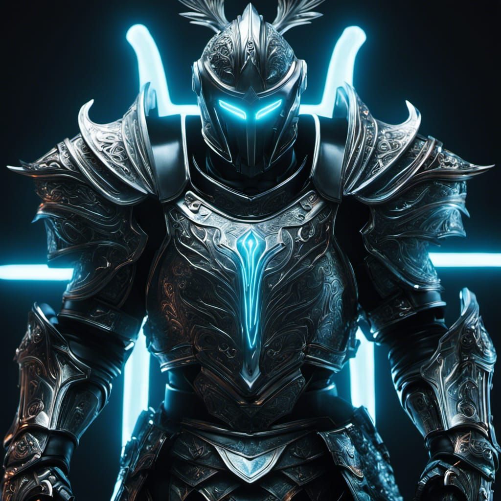 Bioluminescent Silver Knight in Fractal Electricity