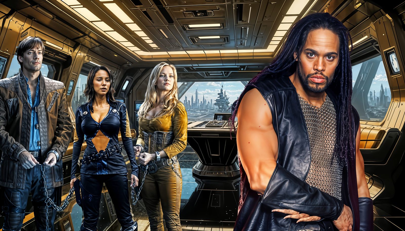 Andromeda's Space Team Unites in a Futuristic Landscape