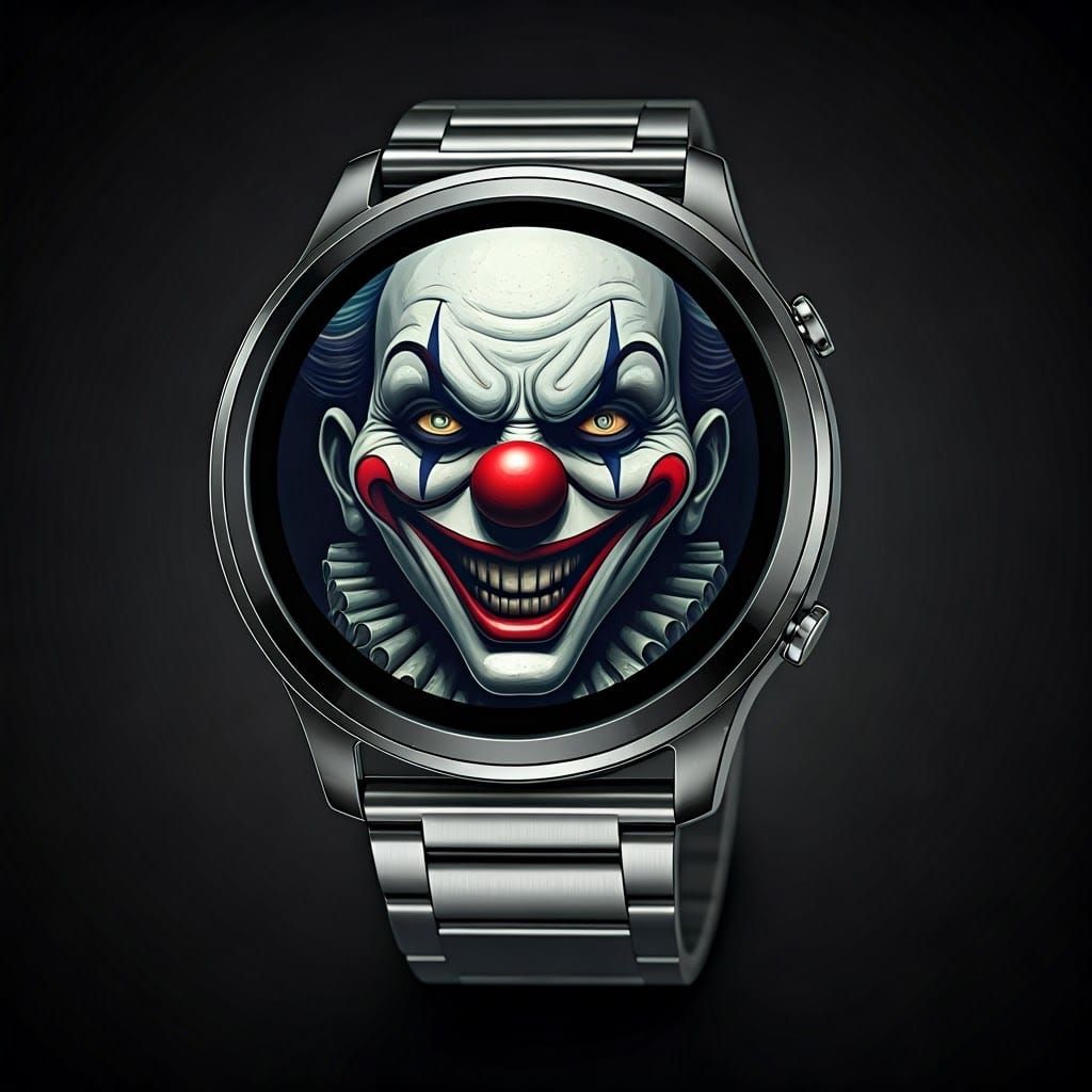 Holographic Clown Face on Futuristic Smartwatch