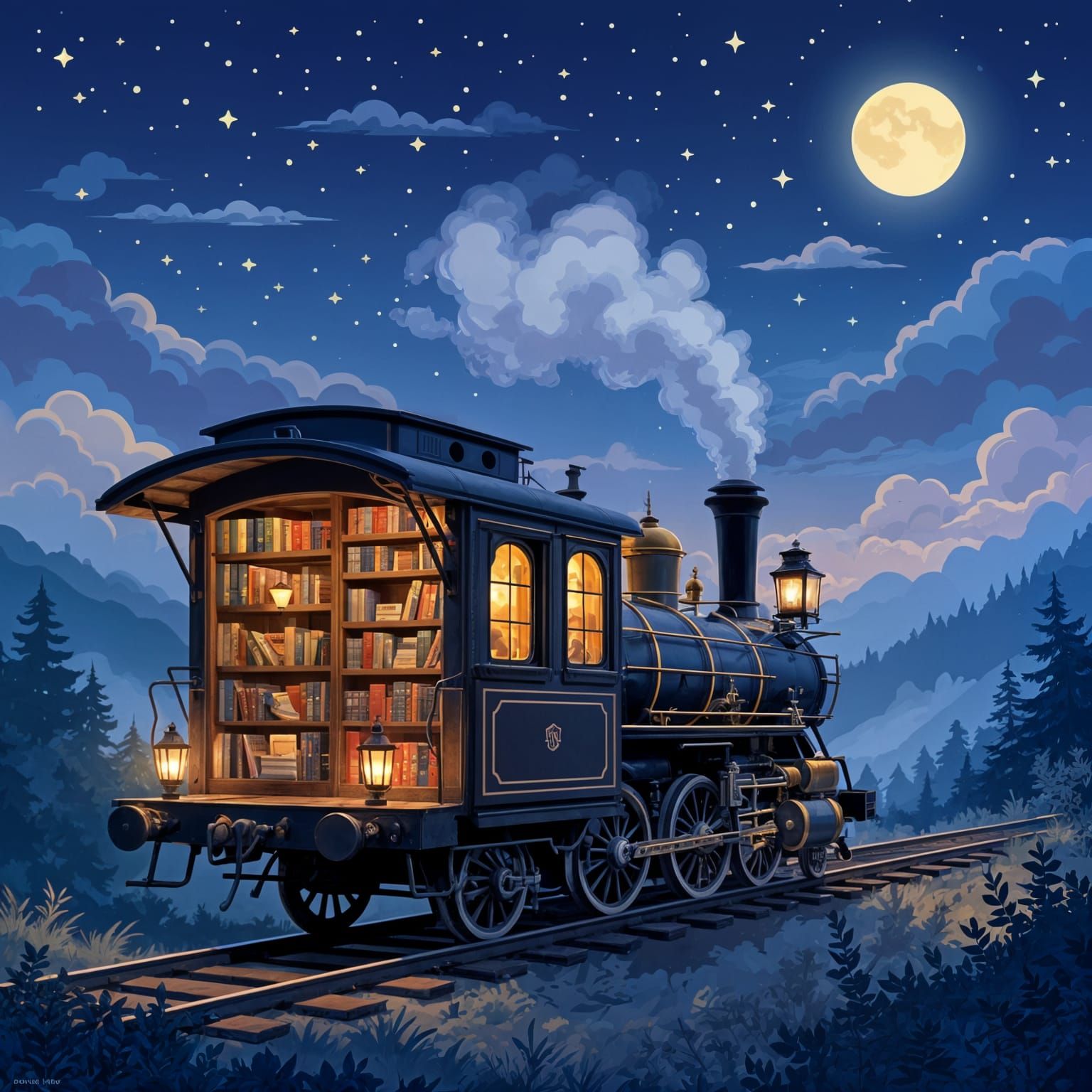 Vintage Steam Train Bookshop Poster Illustration
