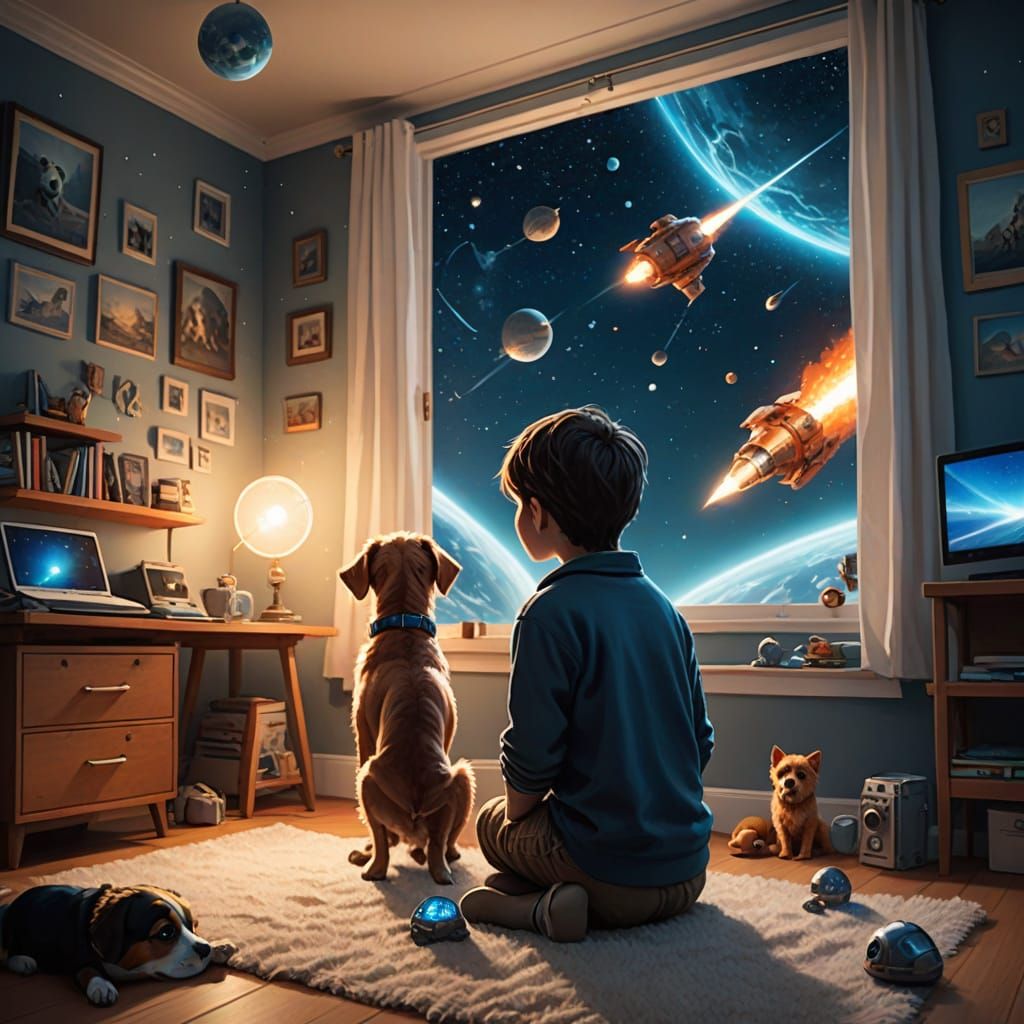 Boy and Dog Embark on Cosmic Adventure in Whimsical Art