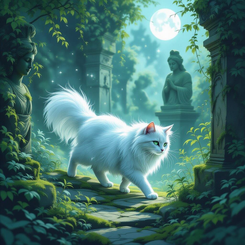 Spectral Cat Prowls Moonlit Garden