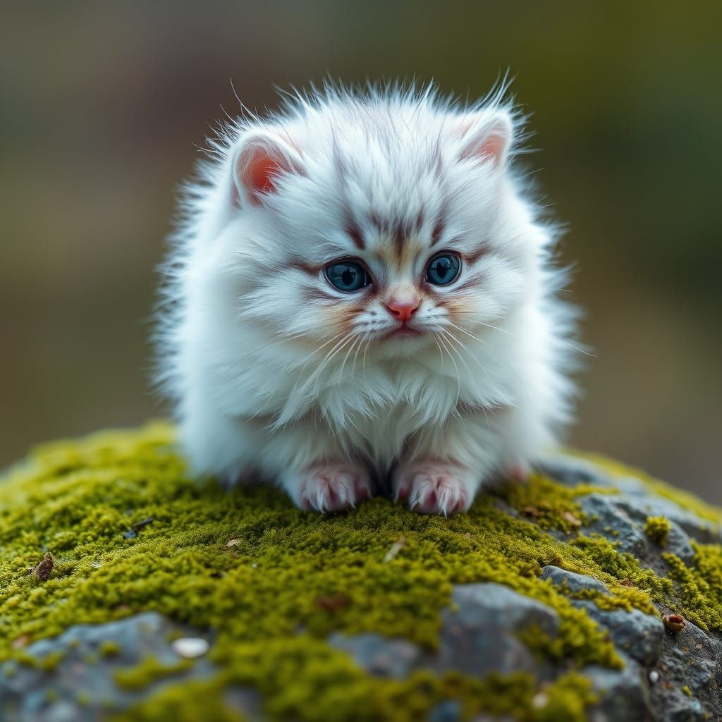 Surreal Blue Kitten Contemplates on Mossy Rock in Photoreali...