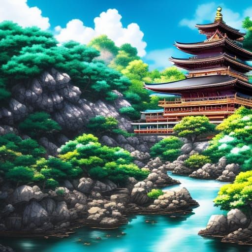 Anime Japanese Castle with Mountain Waterfall